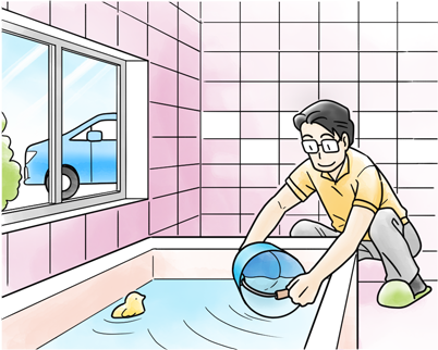 洗車は、バケツに水を汲んで洗いましょう。